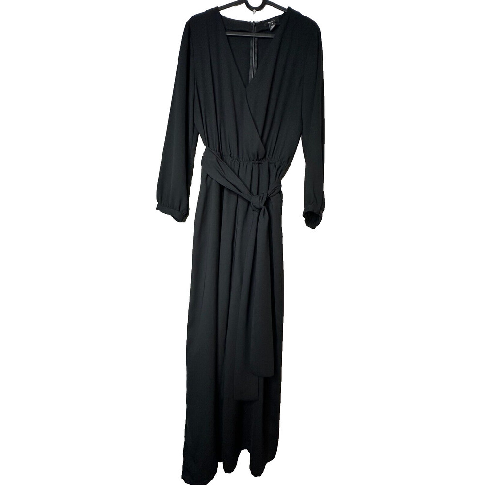 Halogen Black Women's Longsleeve Belted Jumpsuit Size M V-Neck Pockets